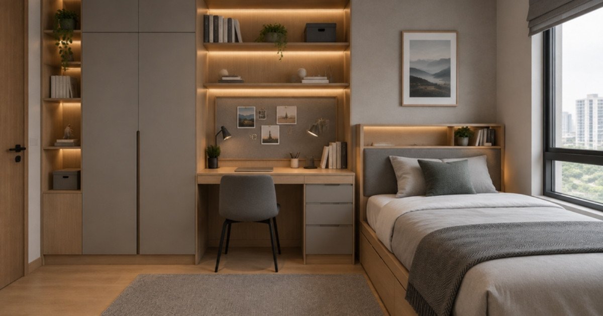 Kamar remaja bergaya minimalis dengan lemari built-in, meja kerja, dan rak dinding